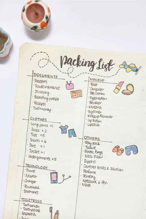 bullet journal packing list