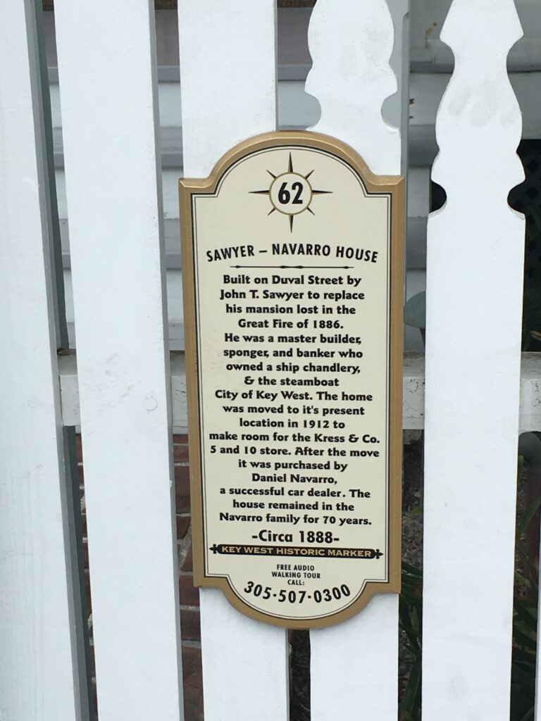 Historic marker on front of sawyer navarro home